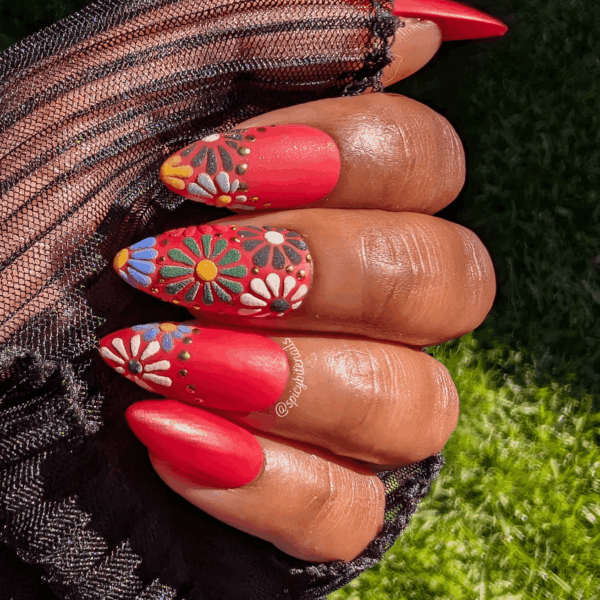 Cazuela de Barro – Brick Red 3D Flower and Gold Chrome Mexican False Press-On Nail Extensions 10pcs