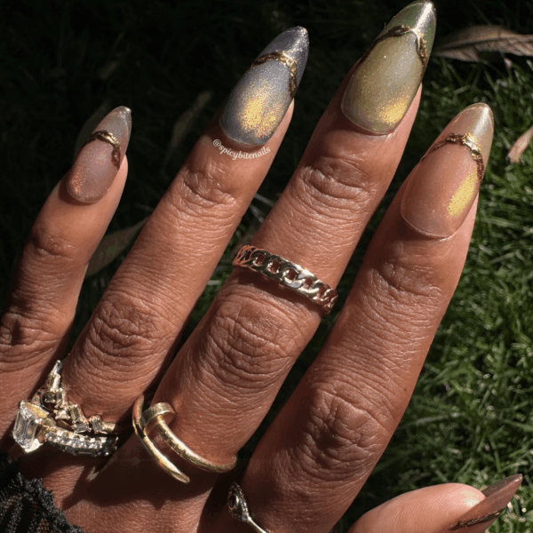 Golden Eclipse – Muted Rainbow Cat-Eye Gold Chrome French Tip Skittles Press-On Nail Extensions 10pcs