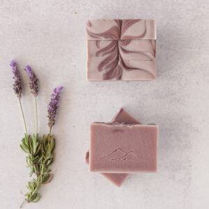 French lavender handmade essential oil soap on neutral background