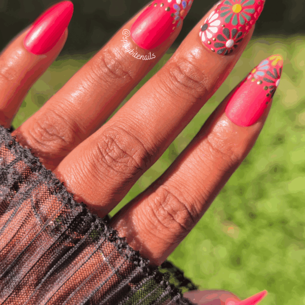 Cazuela de Barro – Brick Red 3D Flower and Gold Chrome Mexican False Press-On Nail Extensions 10pcs