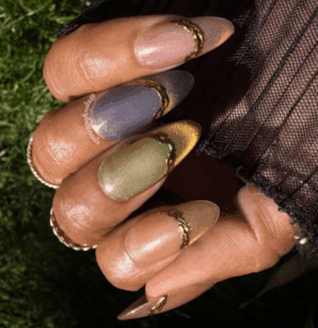 Golden Eclipse - Muted Rainbow Cat-Eye Gold Chrome French Tip Skittles Press-On Nail Extensions 10pcs