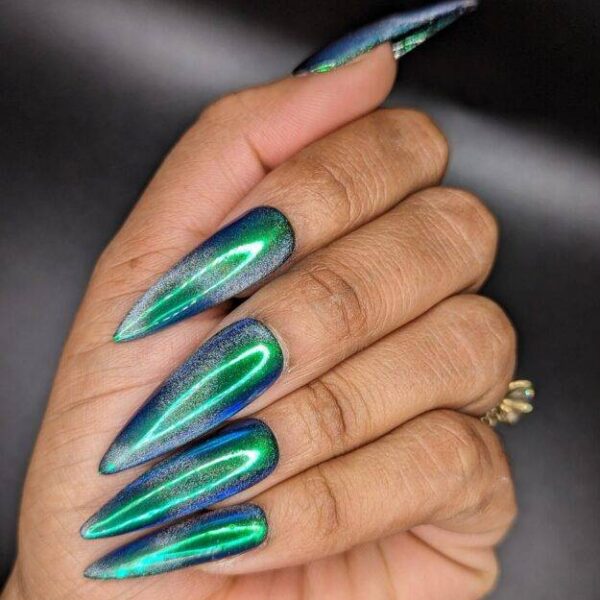 Green Goblin – Blue-Green Chrome Holographic Cat-Eye Press-On Nail Extensions 10pcs