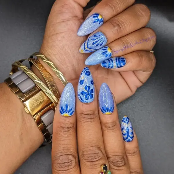 Talavera – Blue Cat Eye and Blue Chrome Mexican Tile Inspired Press-On Nail Extensions 10pcs