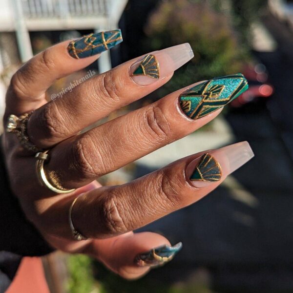 Great Gatsby – Green and Gold Art Deco Cat-Eye False Press-On Nail Extensions 10pcs