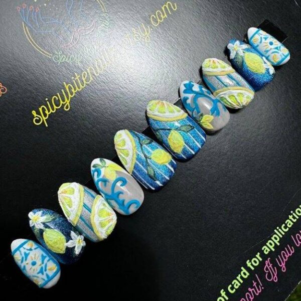 Limoncello – Lemon Cat-Eye Striped Italian Amalfi Tile Inspired False Press-On Nail Extensions 10pcs