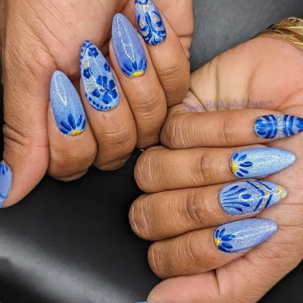 Talavera – Blue Cat Eye and Blue Chrome Mexican Tile Inspired Press-On Nail Extensions 10pcs