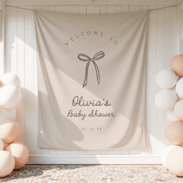 Beige Bow Baby Shower Backdrop Banner