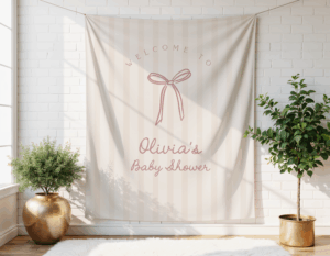 Bow Baby Shower Backdrop | Pale Pink Beige Striped Banner