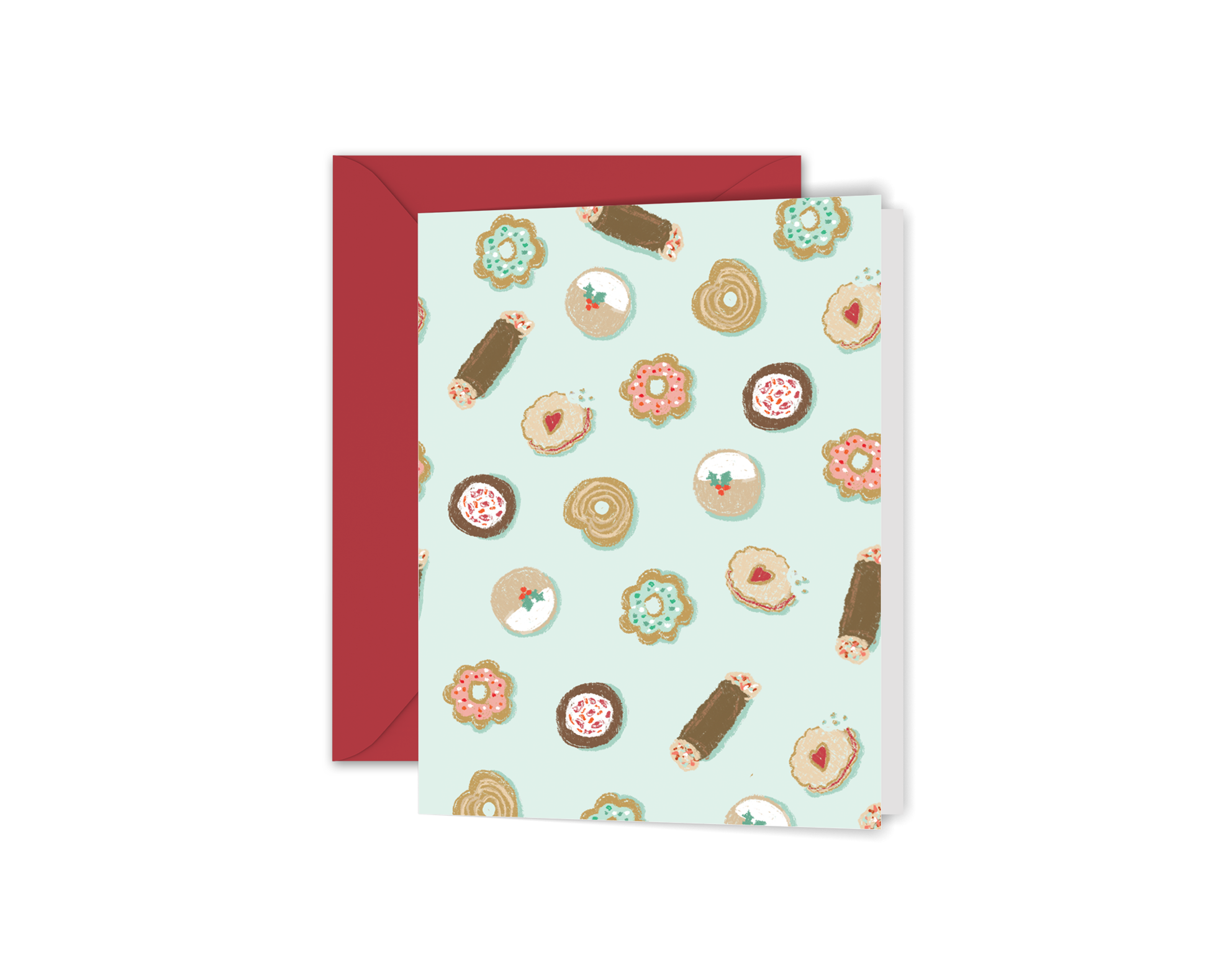 Greeting Card with illustrations of various holiday cookies with a mint background. The card is displayed with a red envelope on a white background.