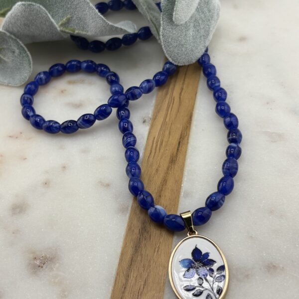 Blue Glass Floral Necklace