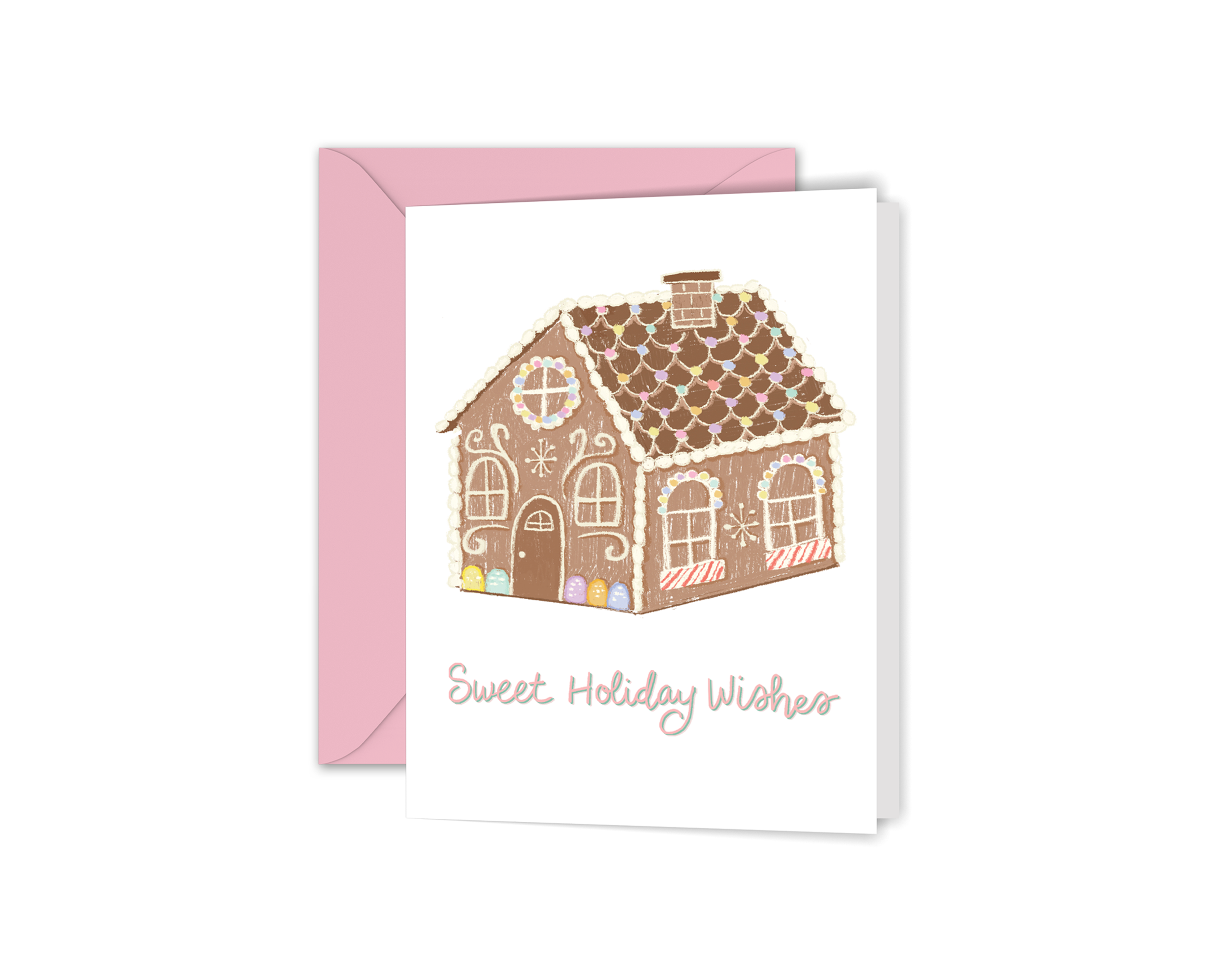 Our Pastel Gingerbread House Greeting Card features an illustrated gingerbread house decorated with pastel candies on a white background with the words “Sweet Holiday Wishes” in pink calligraphy.