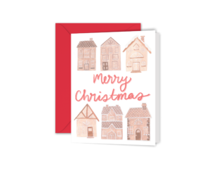 Merry Christmas Gingerbread Houses Greeting Card is white with 6 watercolor gingerbread houses and Merry Christmas written in red calligraphy. Displayed with red envelope on white background.