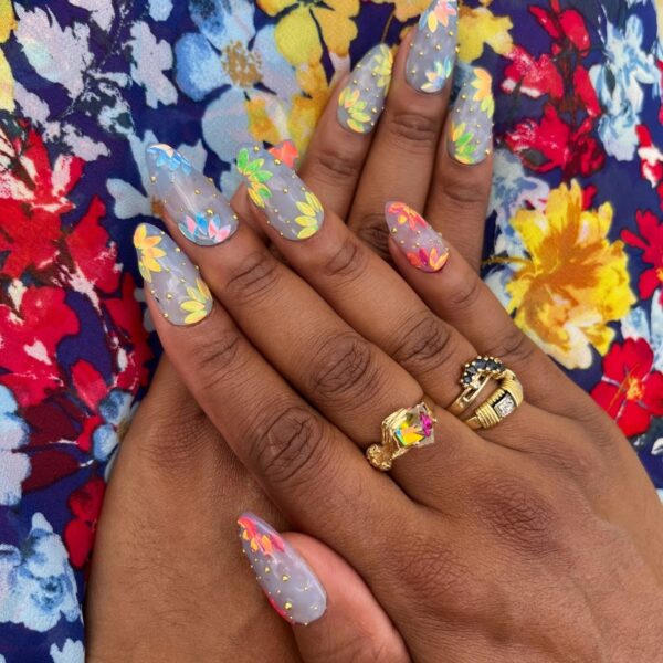 Flower Power – Color Changing Blue Flower Sequin False Press-On Nail Extensions 10pcs