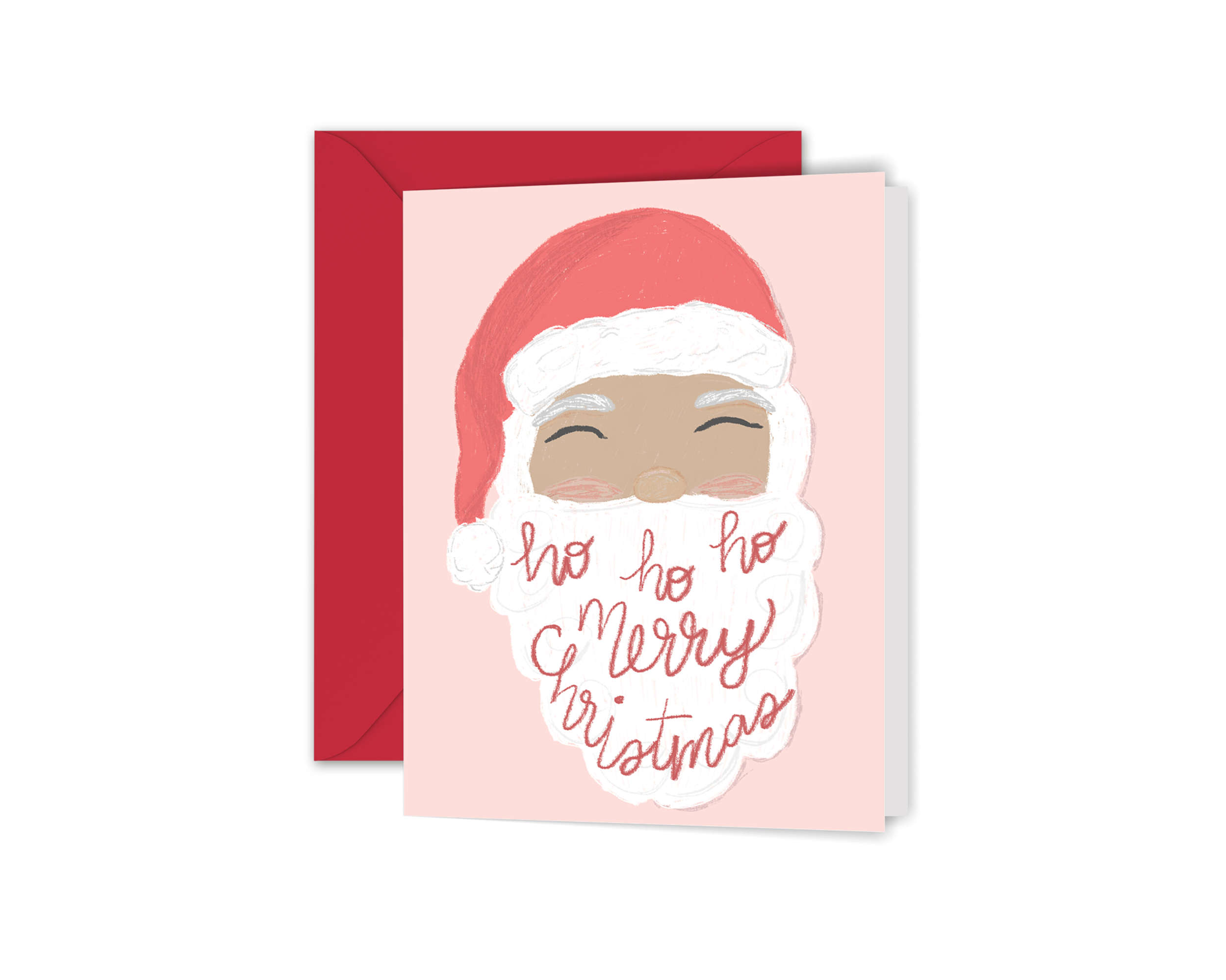 Our Vintage Inspired Ho Ho Ho Santa Greeting card features our illustrated Santa with “Ho Ho Ho Merry Christmas” written on his beard in our signature calligraphy on a pink background.
