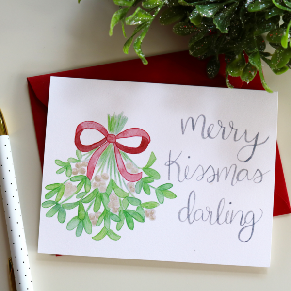 Watercolor Mistletoe Merry Kissmas Darling Christmas Greeting Card