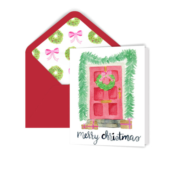Watercolor Red Front Door Christmas Holiday Greeting Card
