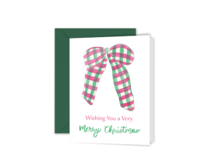 Our Watercolor Wishing You A Merry Christmas Plaid Bow Greeting Card features our watercolor red and green plaid bow with the words “Wishing You A Merry Christmas” on a white background.