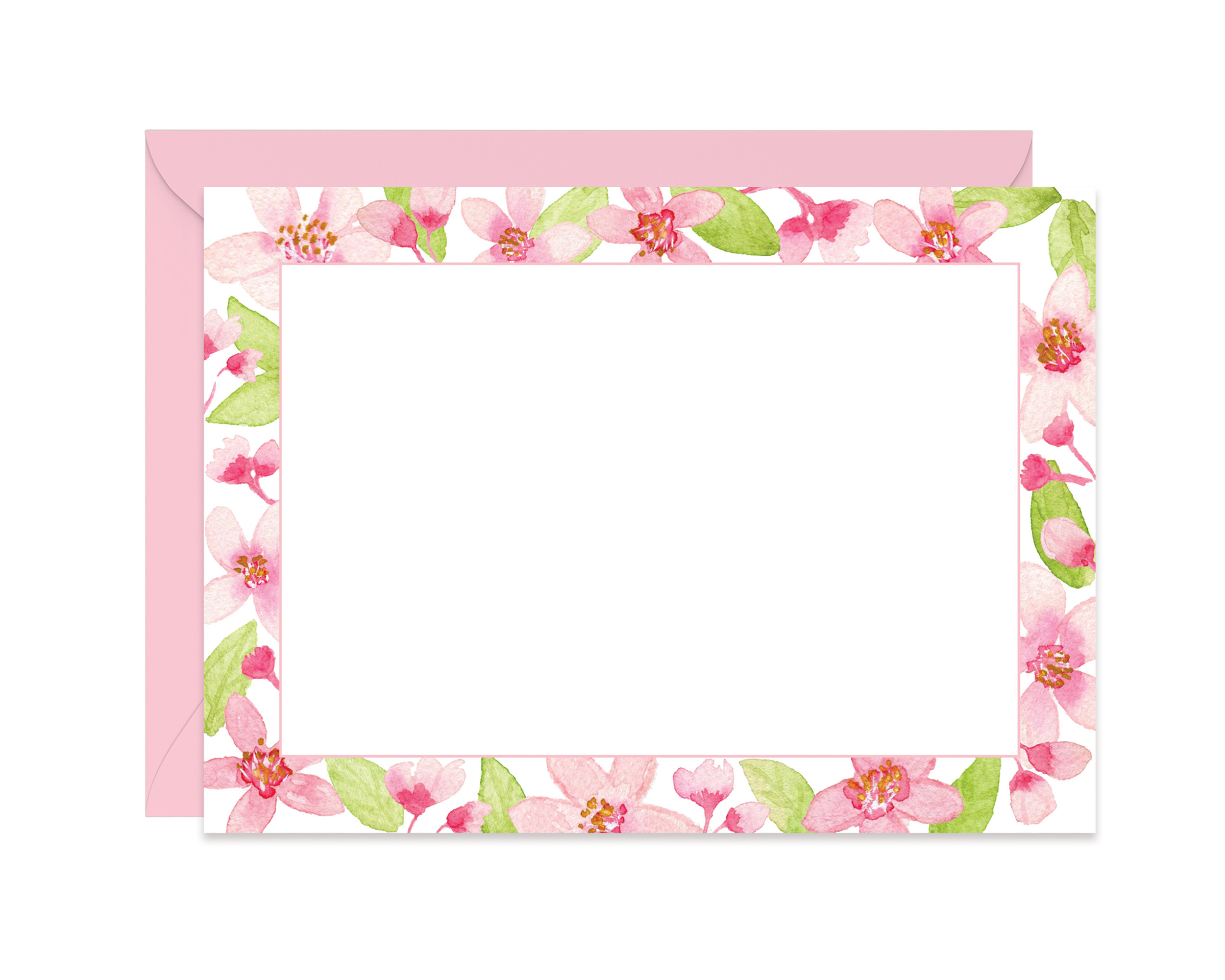 Watercolor Cherry Blossom Stationery Set features a white notecard with a border of watercolor cherry blossoms and leaves.
