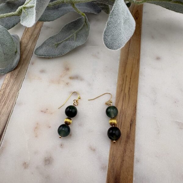 Green Glass & Gold Deco Earrings