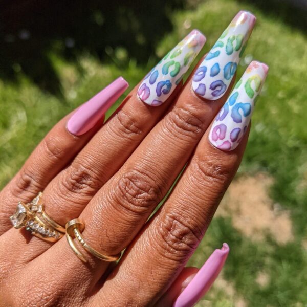 90s Baby – Pink and Rainbow Leopard Print False Press-On Nail Extensions 10pcs