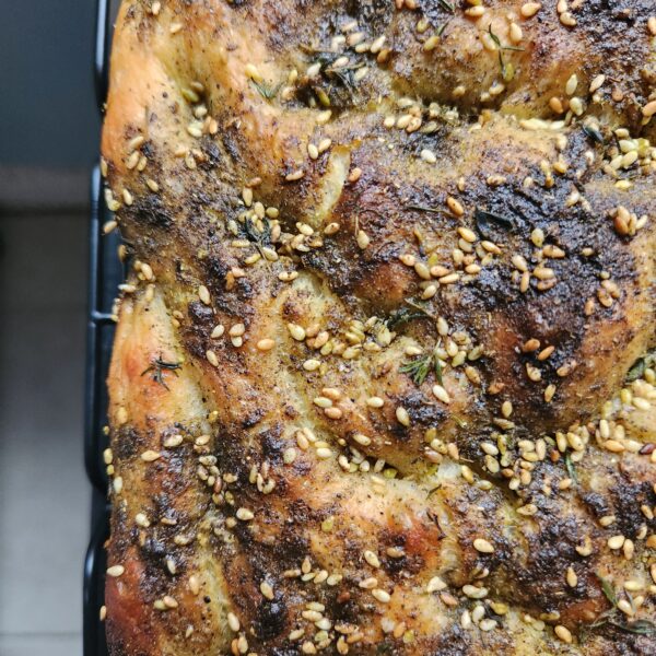 Delicious Syrian Zaa’tar focaccia bread with pomegranate molasses drizzle – 1 tray = 12 servings