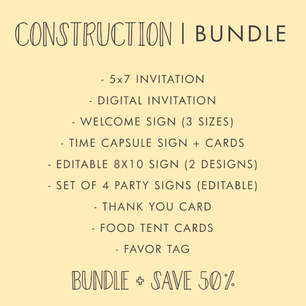 Construction Birthday Party Invitation BUNDLE – EDITABLE TEMPLATES