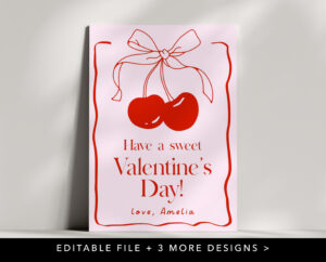 cherry valentine card with coquette bow for tween girl