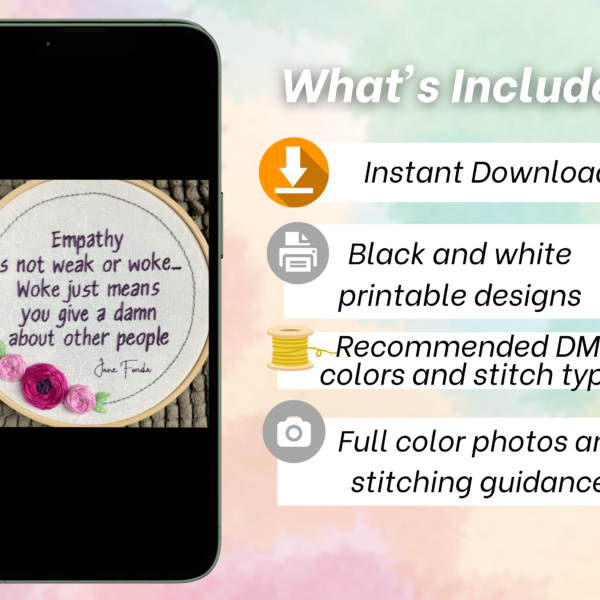 Jane Fonda Hand Embroidery Pattern: Empathy is not weak. Quote / Floral Wreath (PDF Download)