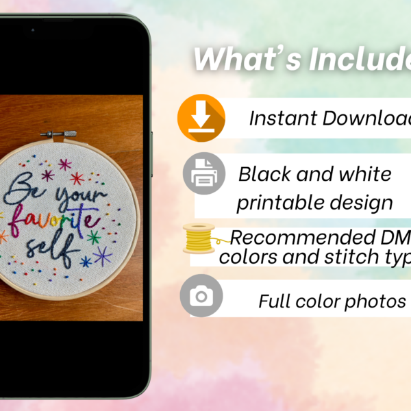 Inspirational Quote Beginner Hand Embroidery Pattern: Be Your Favorite Self. Rainbow Pride, Stars (PDF Download)