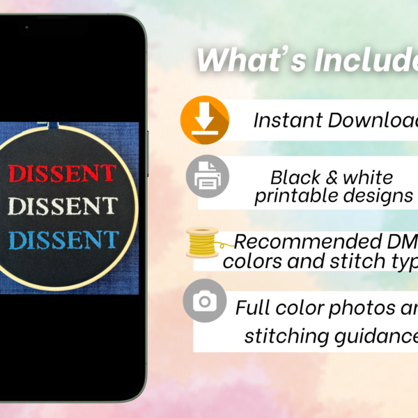Patriotic I Dissent Hand Embroidery Pattern: Red, White, and Blue (PDF Digital Download)