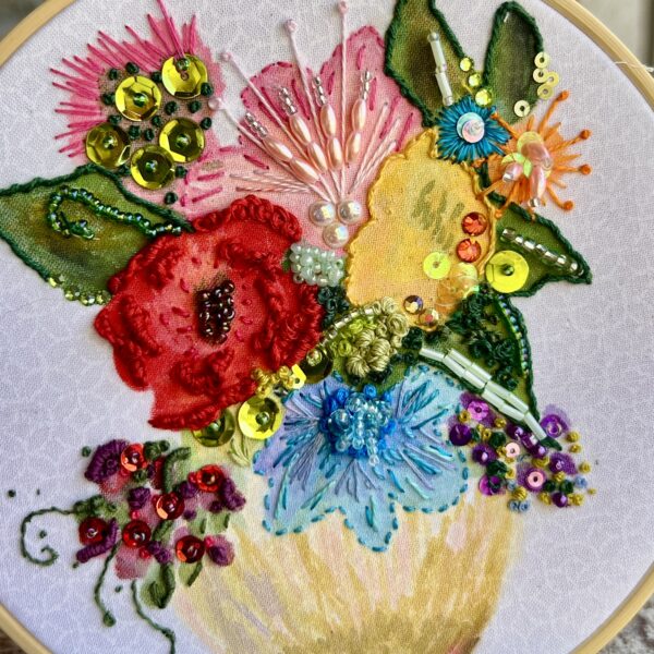 Original Hand Painted & Embroidery: Yellow vase with a bunch of flowers and bling