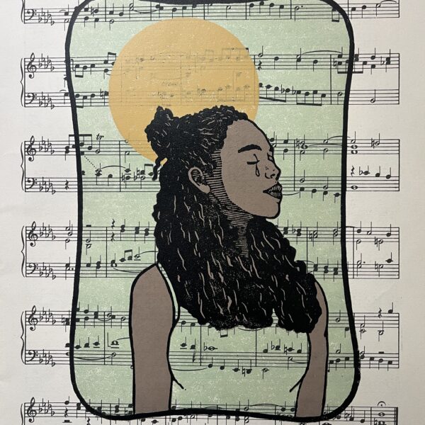 “Let the music move you” limited edition reduction linoleum block print – music sheet art