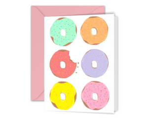 Greeting Card with 6 illustrated donuts with frosting in pastel rainbow colors on white background.