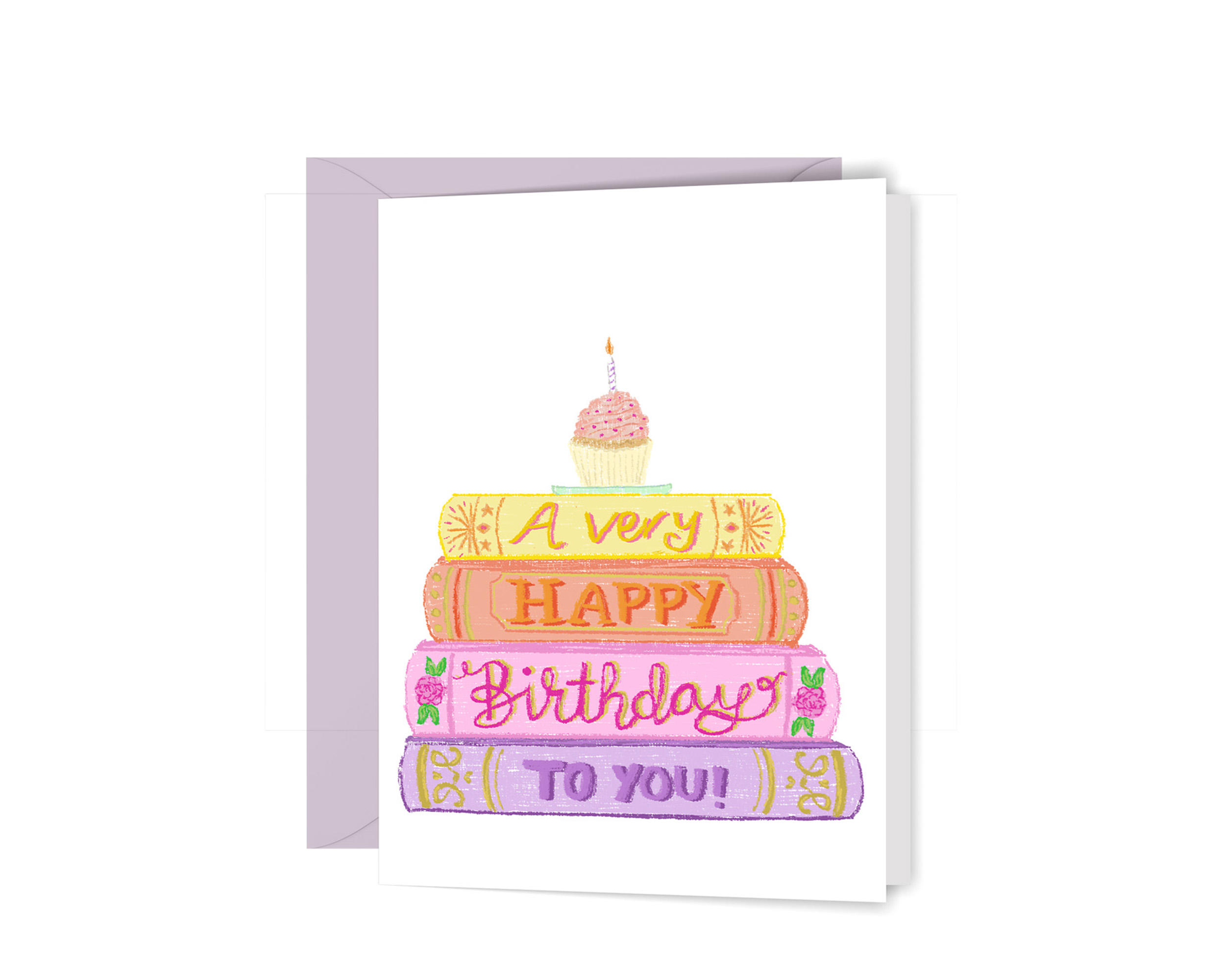 Greeting card with illustrated stack of books in soft colors with words "wishing you a happy birthday" and a cupcake on top.