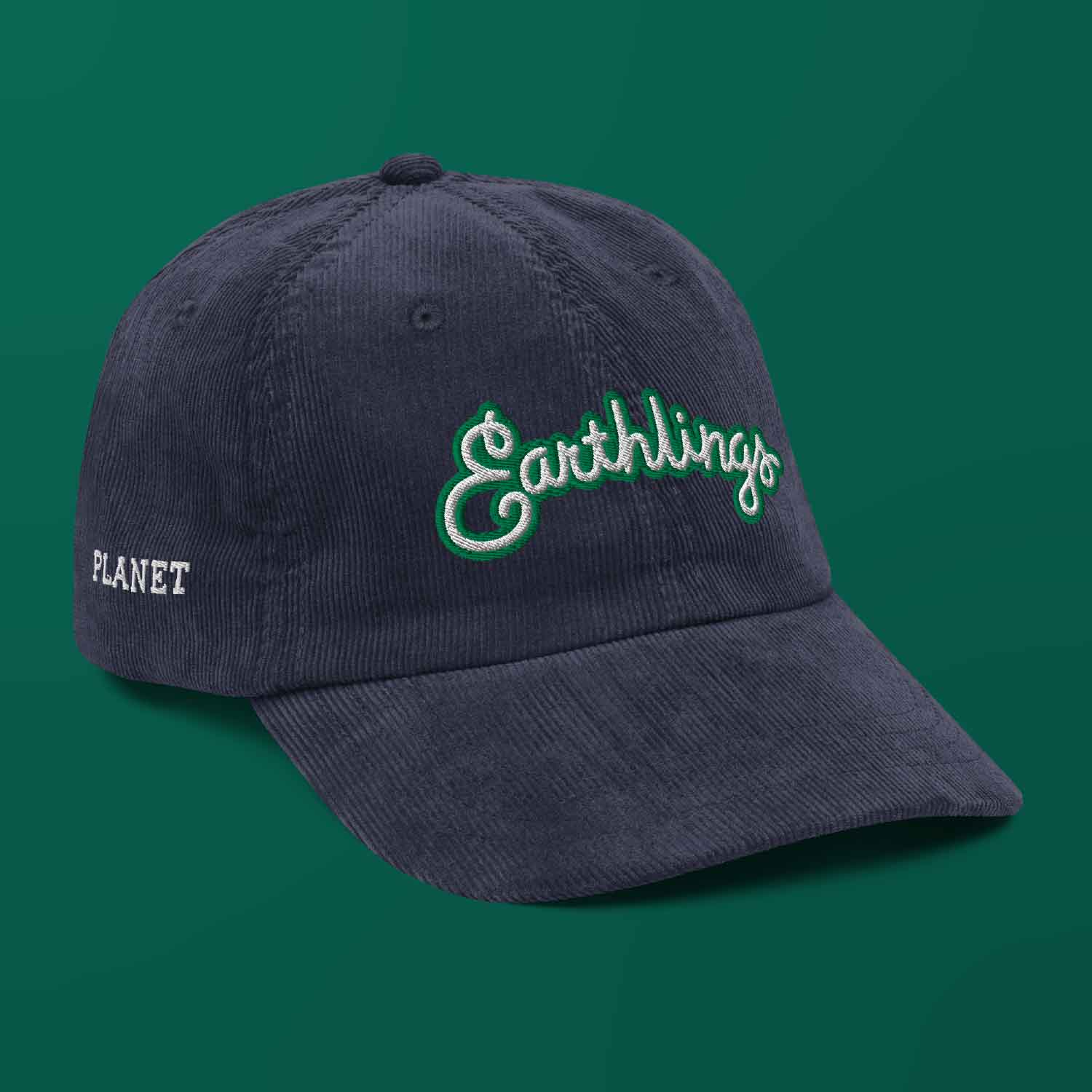 A blue corduroy hat with a design that says Earthlings.