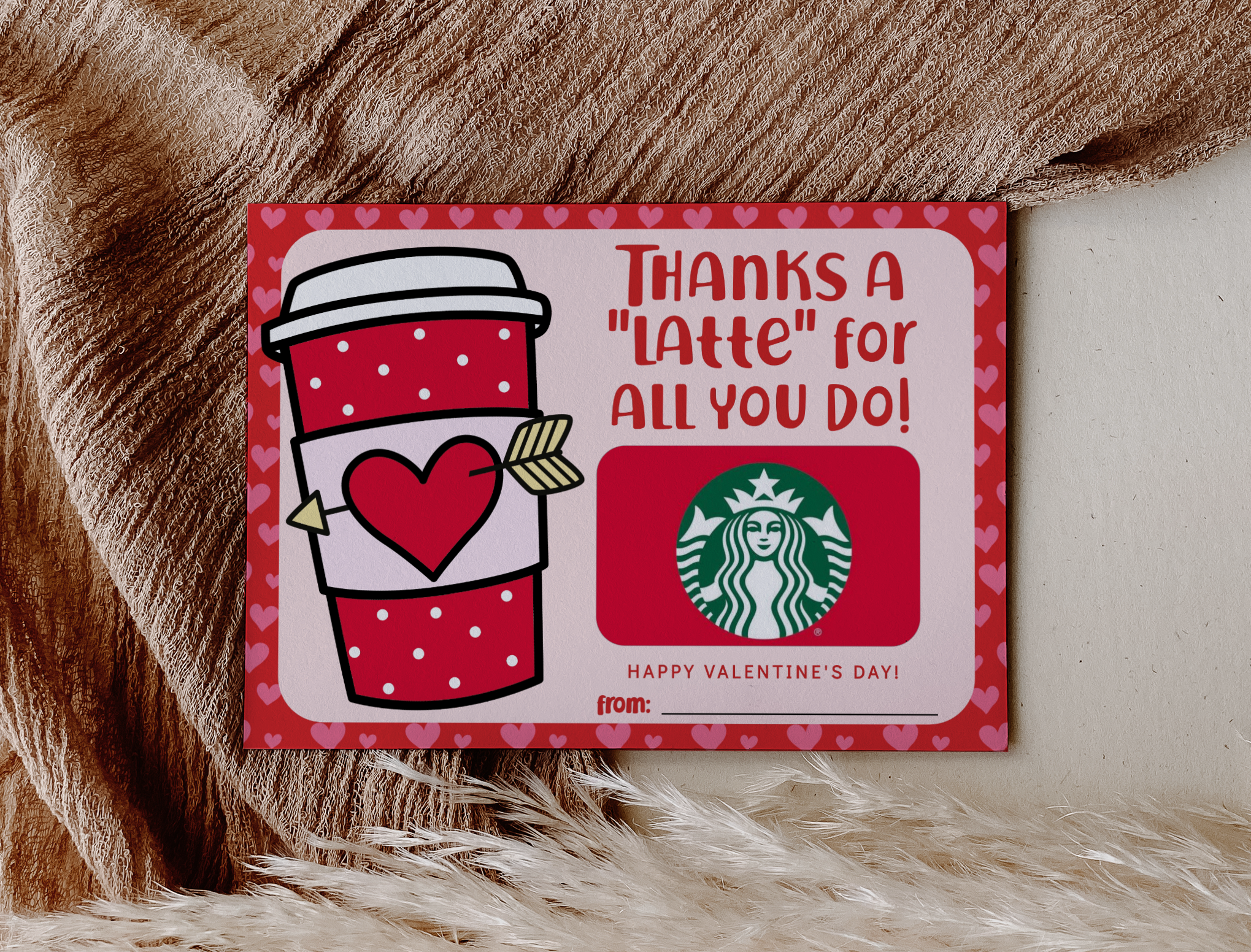 valentine coffee gift card holder reads "thanks a latte for all you do"