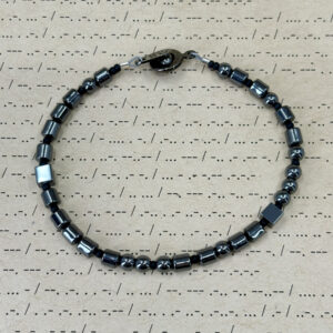 Not Today Satan Morse Code Bracelet made with hematite and small glass beads.