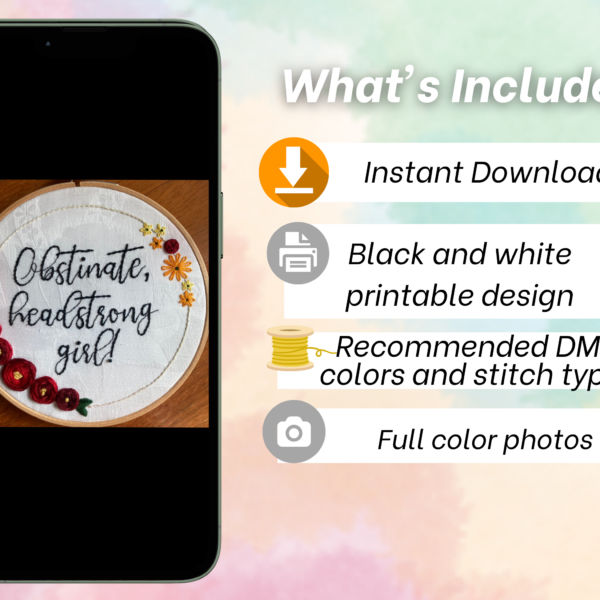 Pride and Prejudice Quote Hand Embroidery Pattern: Obstinate, headstrong girl / Elizabeth Bennet (PDF Download)