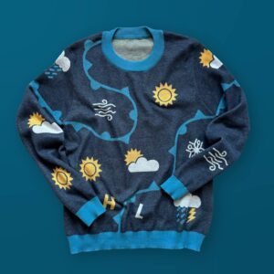 A blue sweater with weather forecast graphics