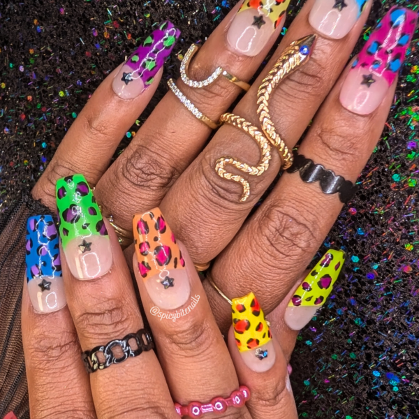Wild Thing – Neon Leopard Print Half Moon French Tip False Press-On Nail Extensions 10pcs