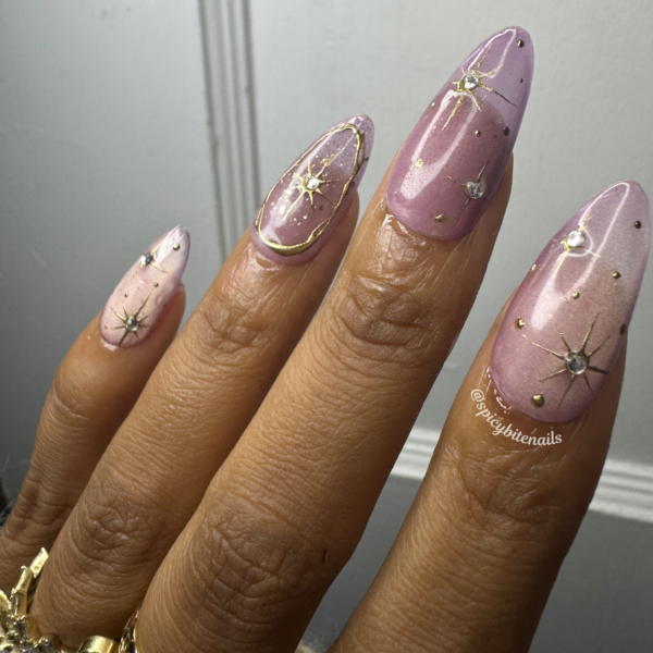 Celestial Blush – Mauve Pink Cat-Eye Gold Chrome Star Press-On Nail Extensions 10pcs