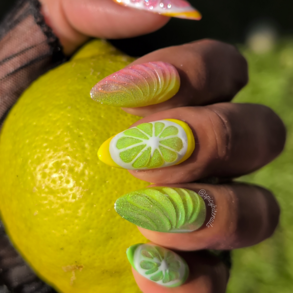 Juicy Fruit – 3D Citrus Lemon Lime and Grapefruit False Press-On Nail Extensions 10pcs