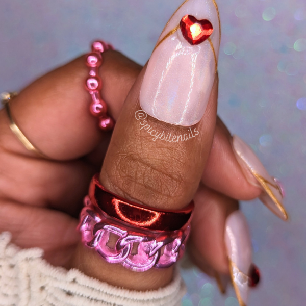 Ring of Hearts – Nude French Tip Red and Pink Rhinestone Valentine’s Day False Press-On Nail Extensions 10pcs