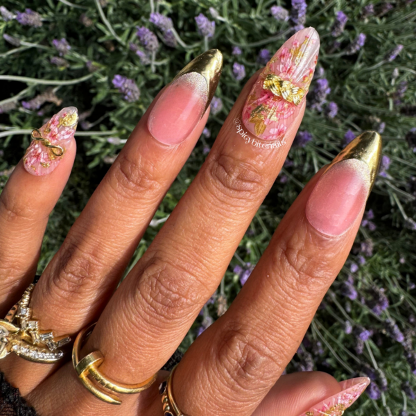 Rosé and Velvet – Pink Rose and Gold Chrome Cat-Eye French Tips False Press-On Nail Extensions 10pcs