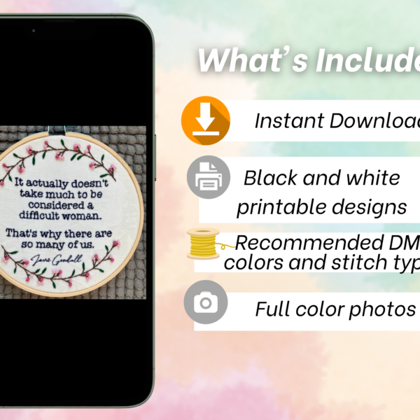 Jane Goodall Quote Hand Embroidery Pattern: Difficult Woman (PDF Pattern)