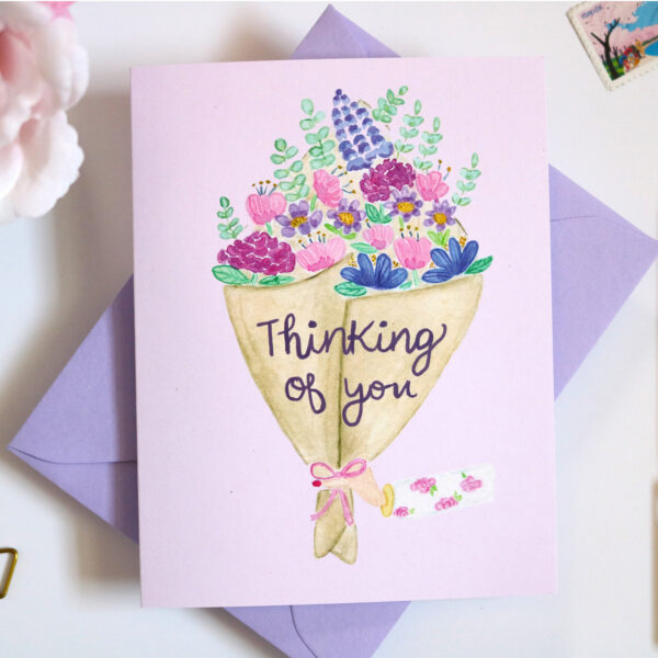 Thinking of You Watercolor Flower Bouquet Greeting Card