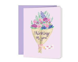 Thinking of You Flower Bouquet Card with lavender envelope featuring a watercolor illustration of a bouquet of flowers held by a lady's hand with the words "thinking of you" written on it in calligraphy.