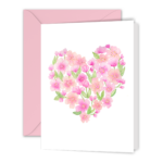 Our Watercolor Cherry Blossom Heart Greeting Card is displayed with a pink envelope. It features our watercolor illustration of cherry blossoms in the shape of heart on a white background.