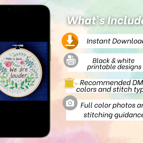 Pride Hand Embroidery Pattern: “Hate is Loud. We Are Louder” TJ Klune Quote (PDF Download)