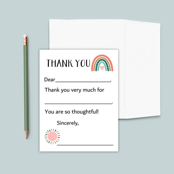 Boho Rainbow Thank You Cards for Kids | Fill-in-the-Blank Notes